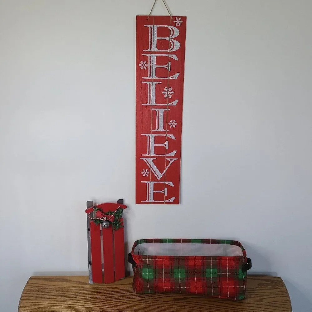 Christmas Holiday Home Decor Lot Includes Red Believe Sign Sleigh Flannel Basket